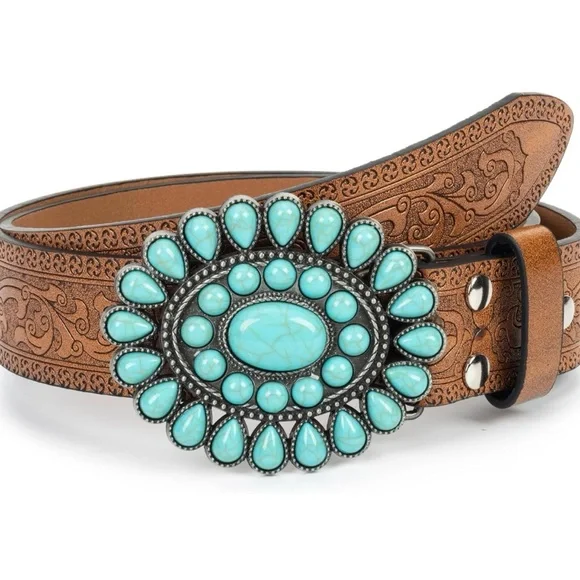 COPY - Women Turquoise-Western-Belt Floral-Engraved-Cowgirl-Belt PU-Leather Wai… - Picture 2 of 6